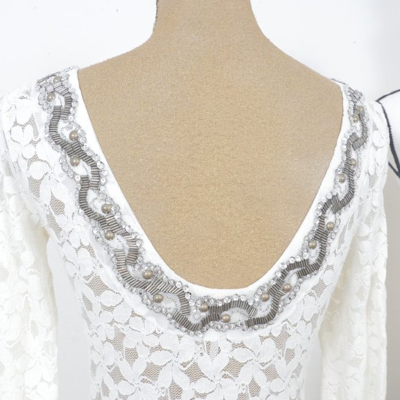 Free People White Lace Long Sleeve Bronze Beaded Silver Sequin SZ XS Top Blouse - Picture 6 of 7